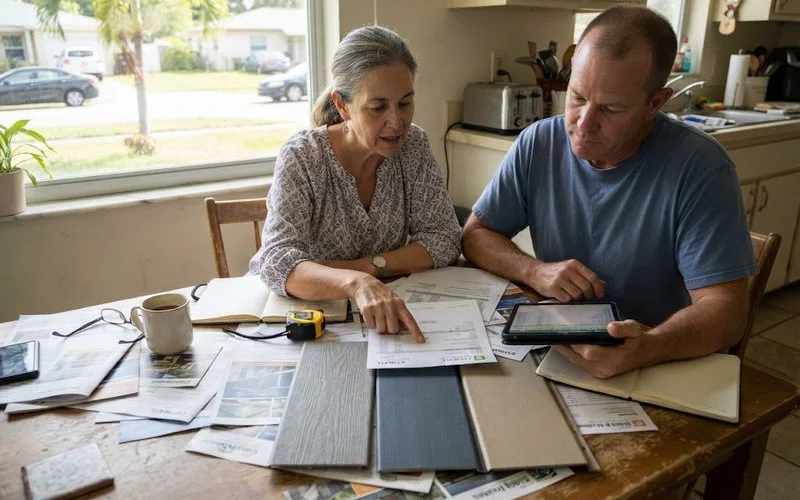 A homeowner reviewing a laptop screen showing a comparison table of local siding contractors before requesting a quote