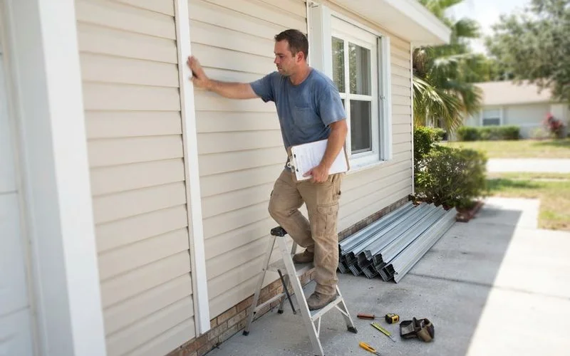 A homeowner inspects vinyl siding panels along the base of an exterior wall for looseness or damage before hurricane season