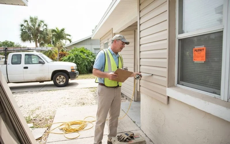 A local building inspector reviews siding installation work on a residential exterior wall in Lake County Florida