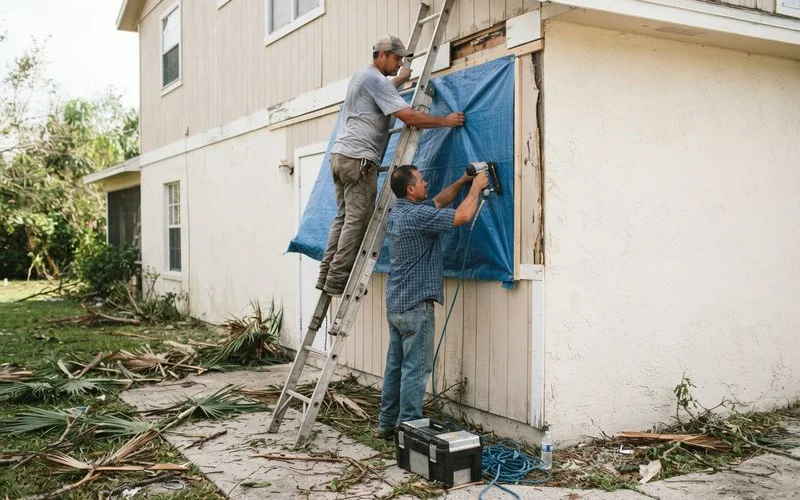 A tarp is secured over a section of storm damaged exterior wall siding to prevent further water intrusion before permanent repairs