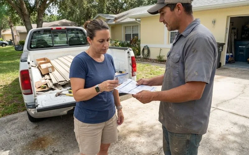 A homeowner reviews a contractor's license and insurance certificate documents before signing a siding installation contract