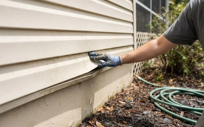 A close up view shows discoloration and a soft spot on exterior wall siding indicating possible hidden water damage